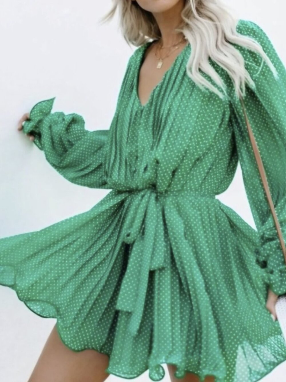 ENDLESS ROSE Viera Polka Dot Pleated Ruffle Trim Romper Green Size Small